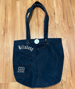 Large Tote Bag UPCYCLED made From Billabong  Shorts Dark Blue Denim Mauve Check Lining