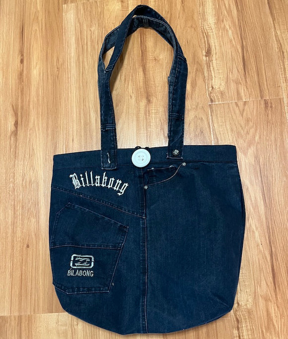 Large Tote Bag UPCYCLED made From Billabong  Shorts Dark Blue Denim Mauve Check Lining