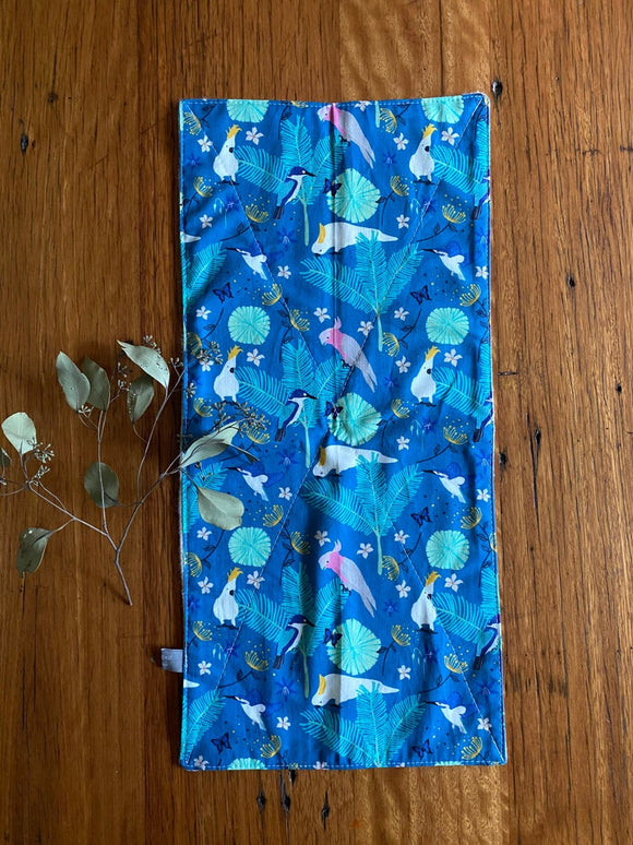Burp cloth - teal galahs & cockatoos - organic cotton & hemp