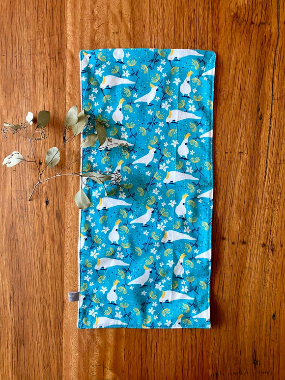 Burp cloth - turquoise cockatoos - organic cotton & hemp