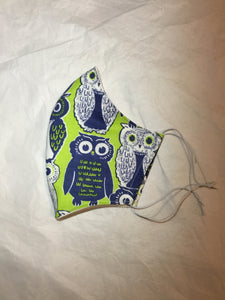 3 Layer Fabric Face Mask - Green and Blue Owls