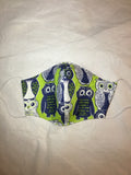 3 Layer Fabric Face Mask - Green and Blue Owls